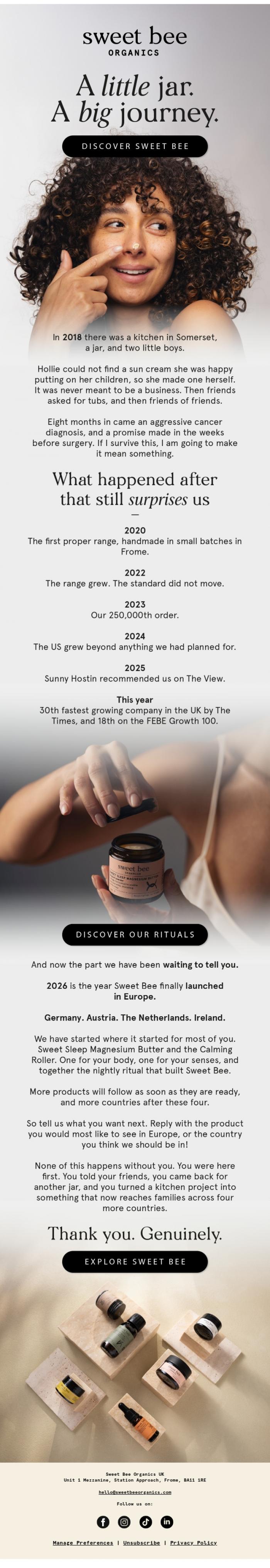 Email Design Inspiration from Sweet Bee Organics, From a Somerset kitchen to four new countries