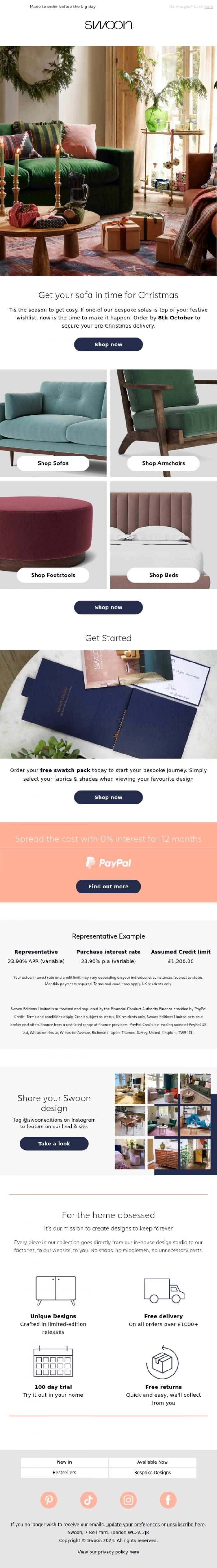 Email Design Inspiration from Swoon, Get your sofa in time for Christmas