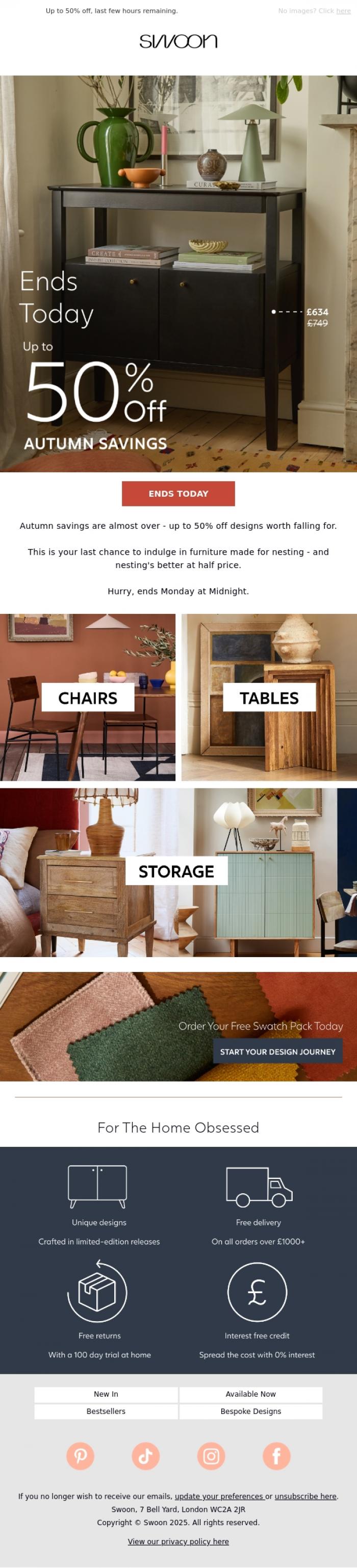 Email Design Inspiration from Swoon, Last Chance - Autumn Savings Ends Today