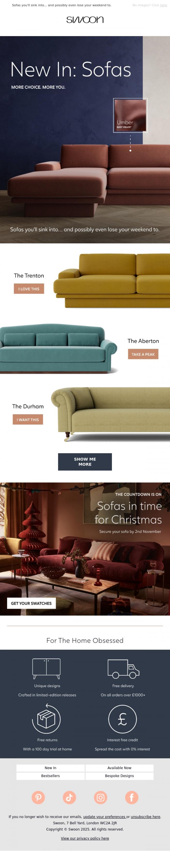 Email Design Inspiration from Swoon, New In: Sofas