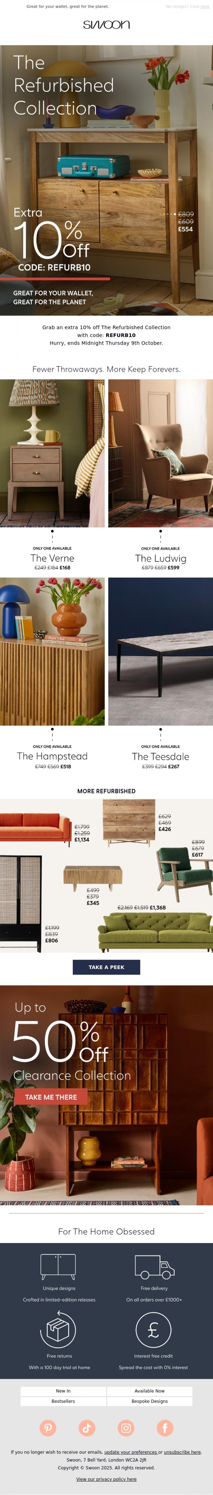 Email Design Inspiration from Swoon, Extra 10% Off The Refurbished Collection