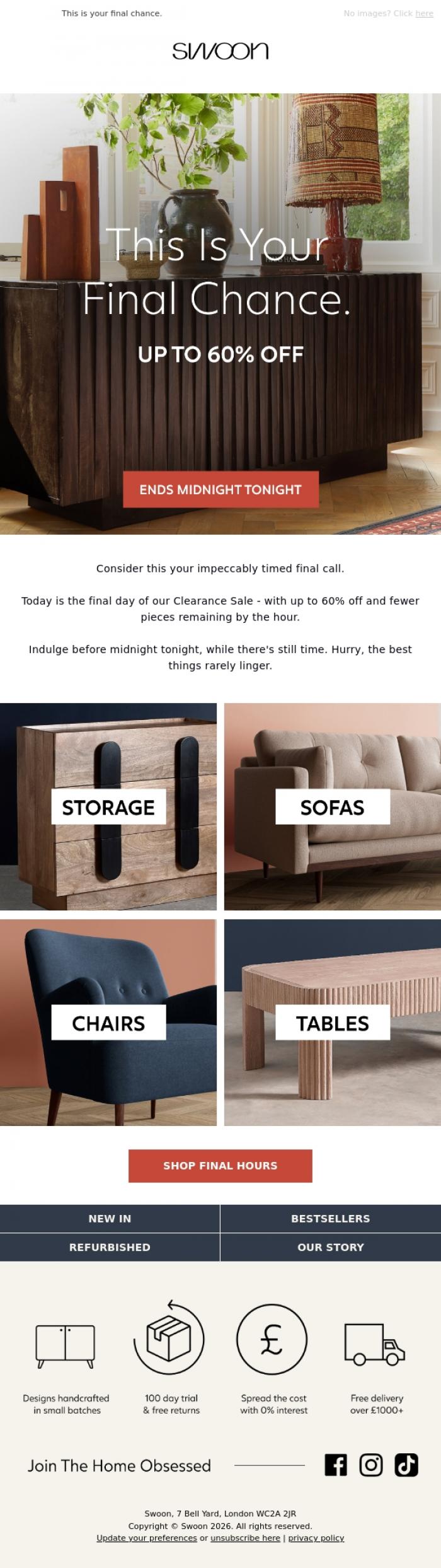 Email Design Inspiration from Swoon, Ends Tonight: Up to 60% Off