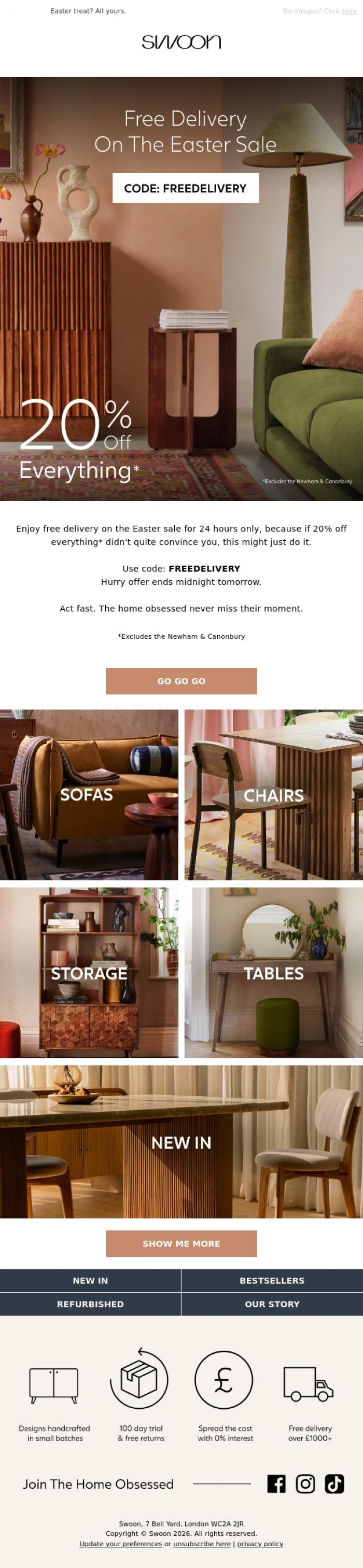 Email Design Inspiration from Swoon, 24hr Free Delivery + 20% Off Everything*