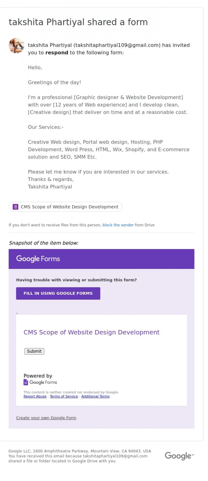 Email Design Inspiration from takshita Phartiyal (via Google Forms), Invitation to respond to the form "CMS Scope of Website Design Development"