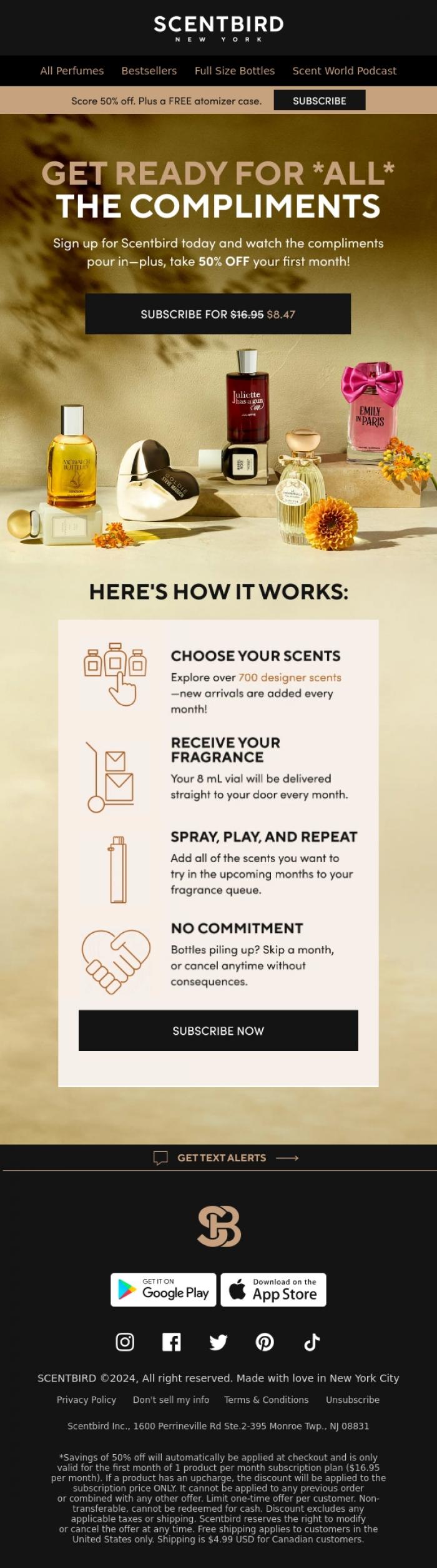 Email Design Inspiration from Taylor at Scentbird, You're about to smell oh-so good. Subscribe today for 50%