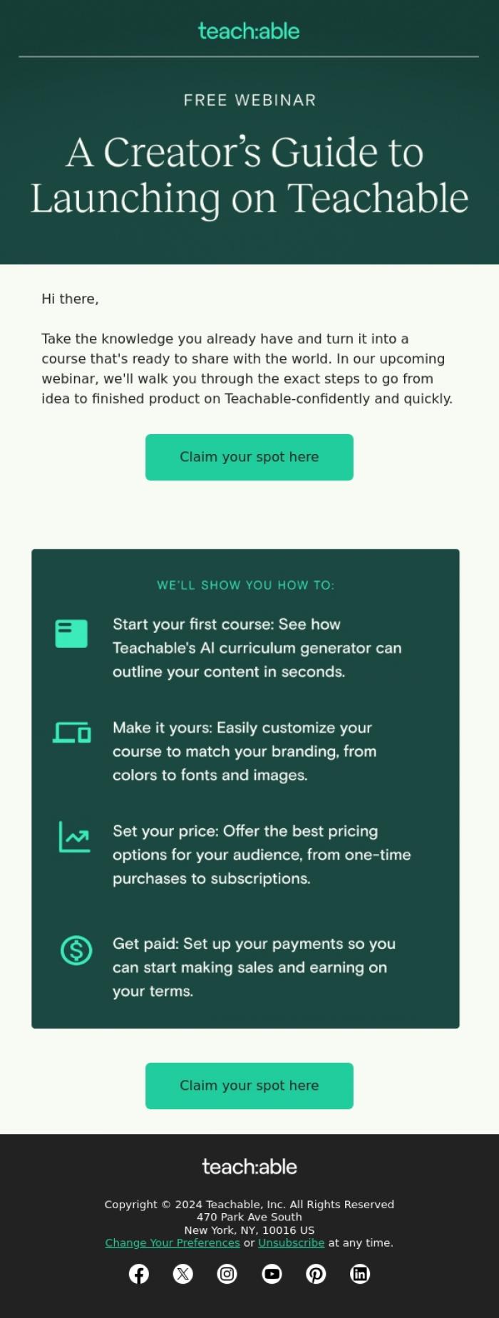 Email Design Inspiration from Teachable, RE: [Free webinar] How to launch your course 🚀