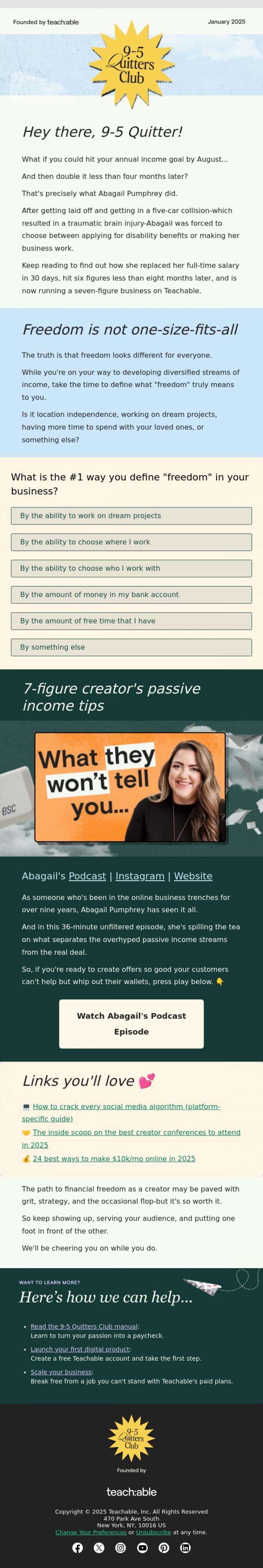 Email Design Inspiration from Teachable, 7-figure creator's passive income tips