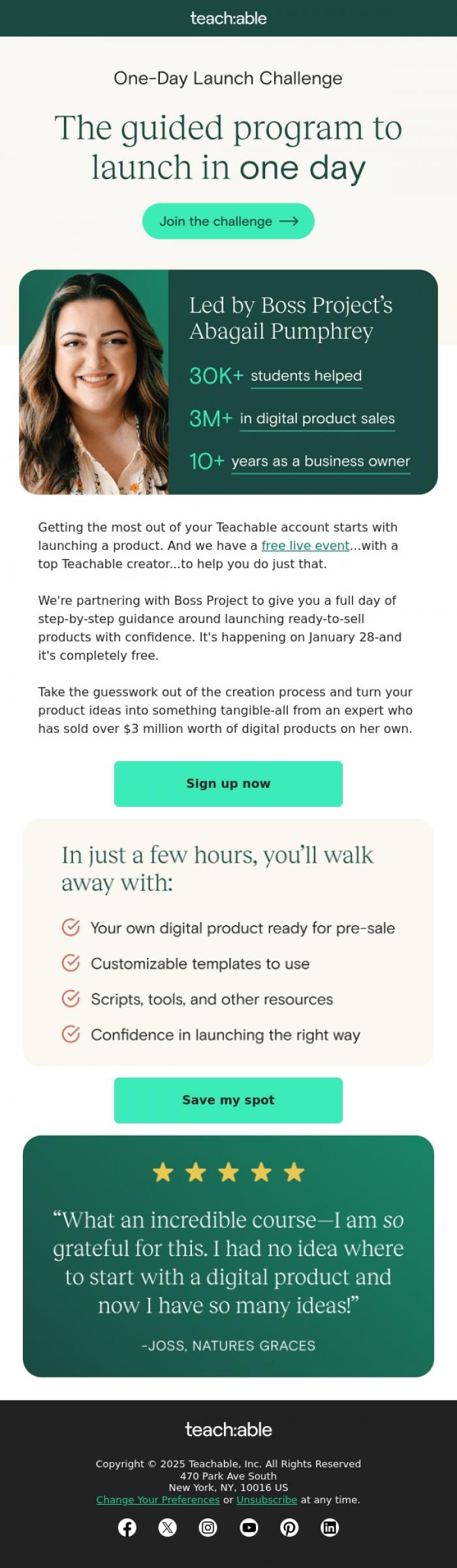 Email Design Inspiration from Teachable, [FREE EVENT] Launch a product in 1️⃣ day