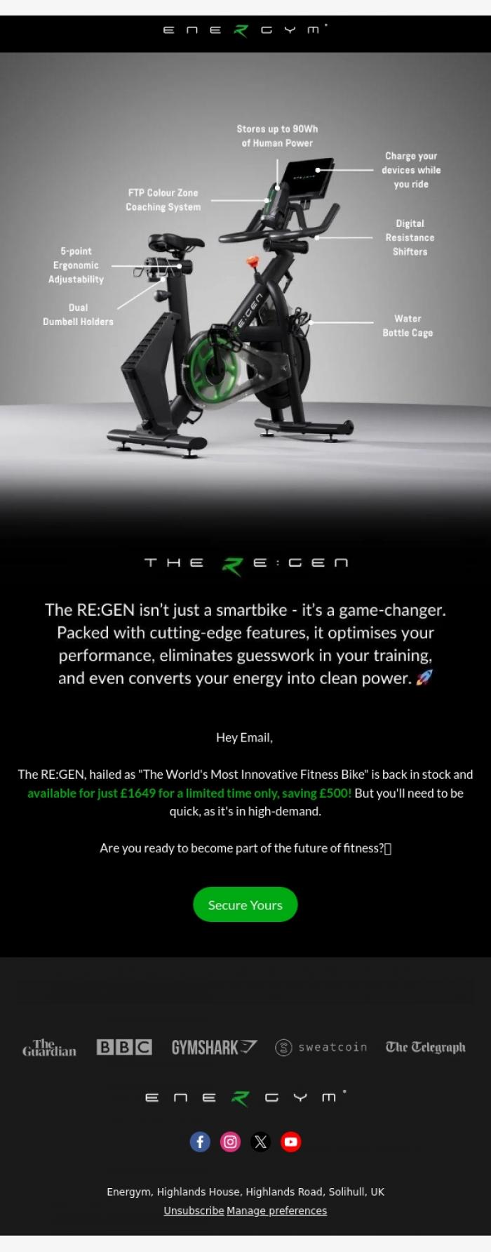 Email Design Inspiration from Team Energym, Save &pound;500 on your RE:GEN - be quick! ⚡️