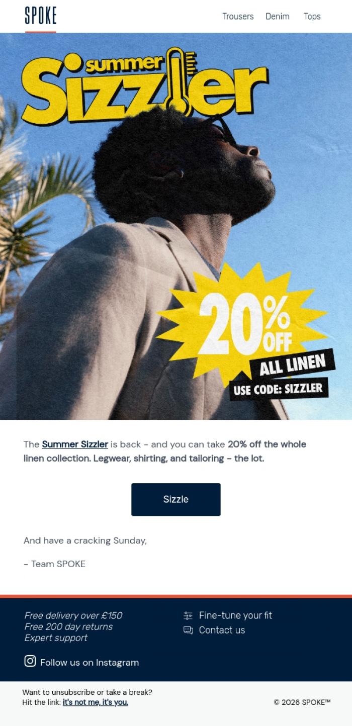 Email Design Inspiration from Team SPOKE, 20% all linen