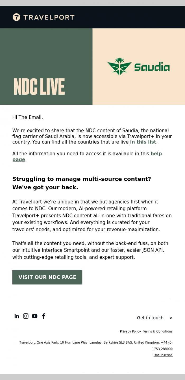 Email Design Inspiration from Team Travelport, Saudia's NDC content is live on Travelport+