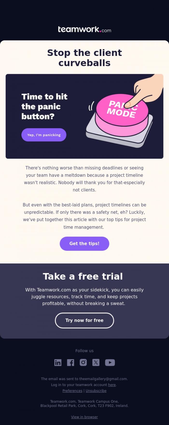 Email Design Inspiration from Teamwork.com, Knees week? Palms sweaty? Mom's spaghetti? 🍝 We've got you.