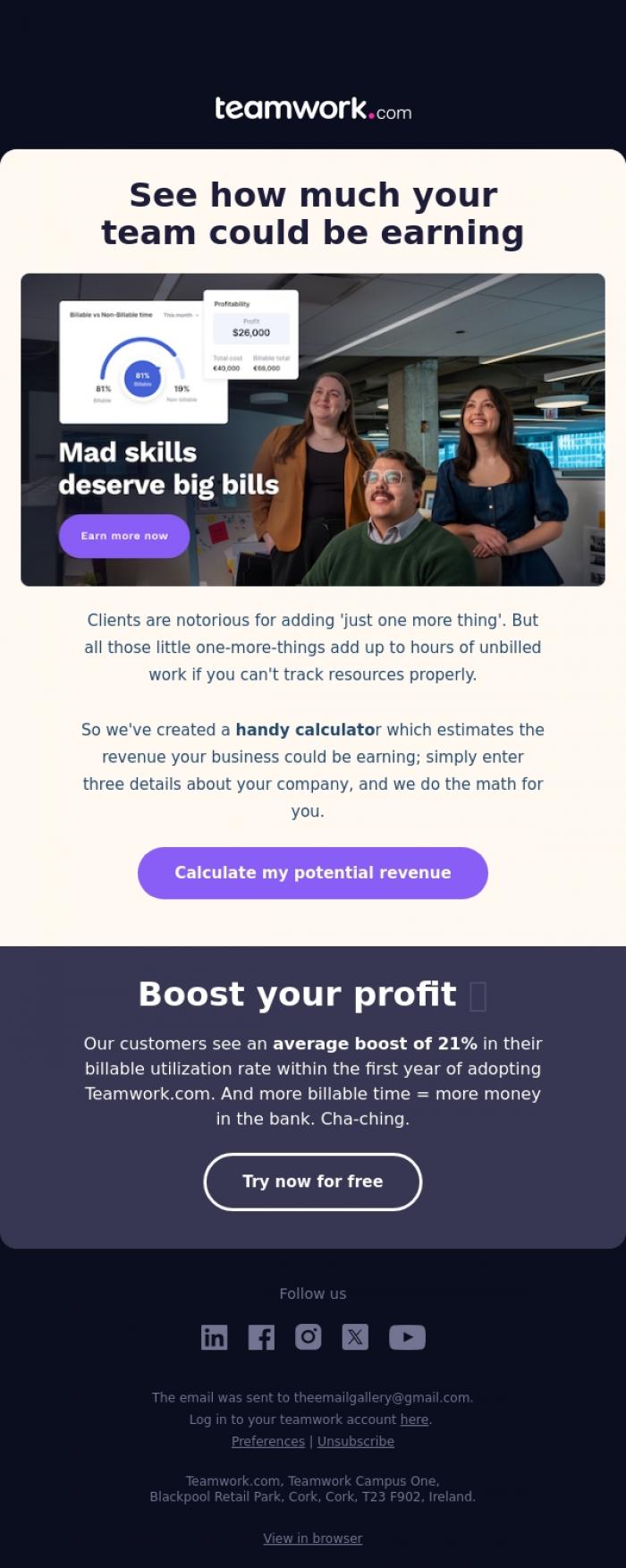 Email Design Inspiration from Teamwork.com, Mad skills deserve big bills 🤑