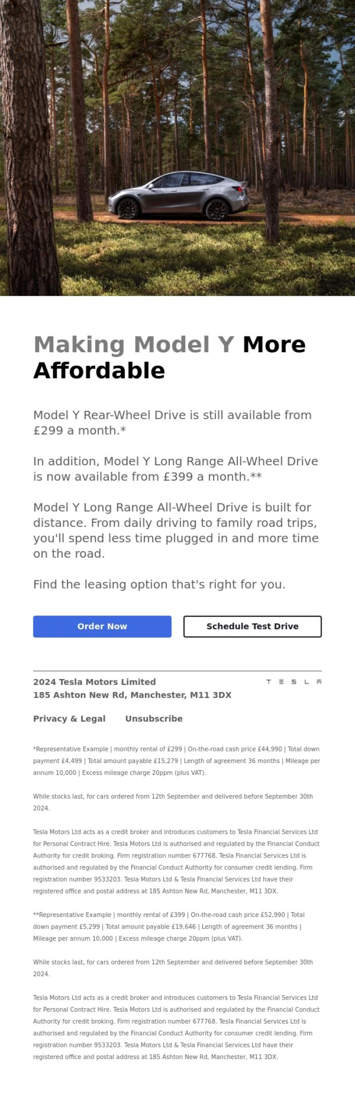 Email Design Inspiration from Tesla, Model Y from &pound;299 a month