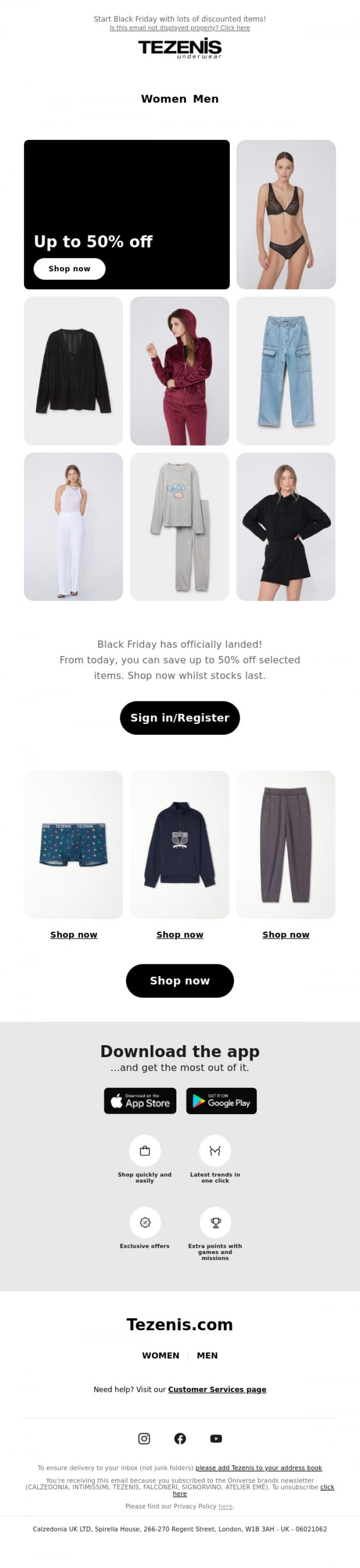 Email Design Inspiration from Tezenis, Up to 50% off