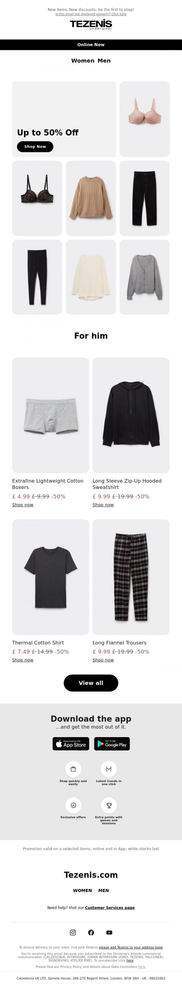 Email Design Inspiration from Tezenis, EXTRA DROP: Sales up to 50% Off 💥