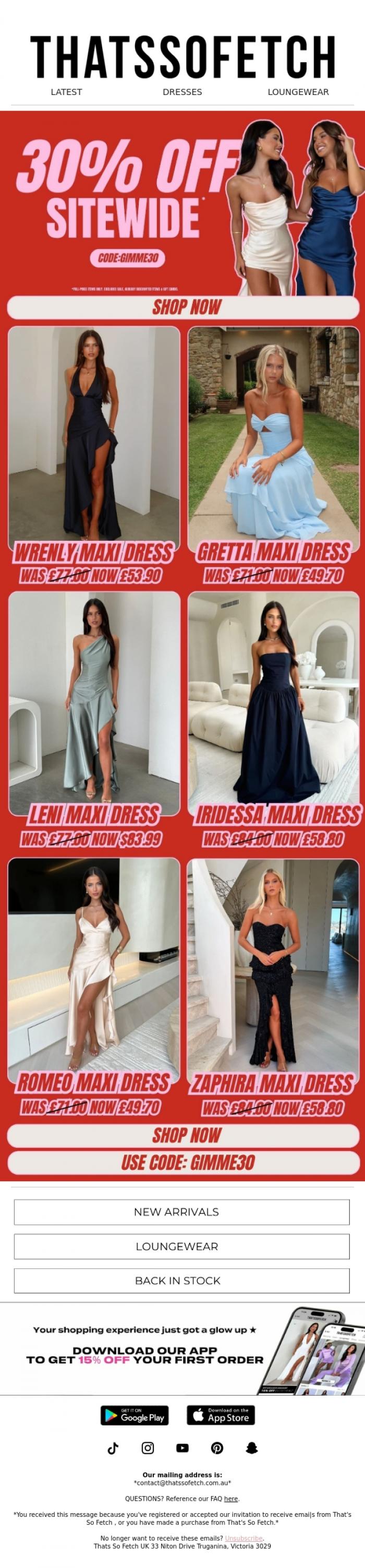 Email Design Inspiration from Thats So Fetch UK, 30% off your next special occasion dress!