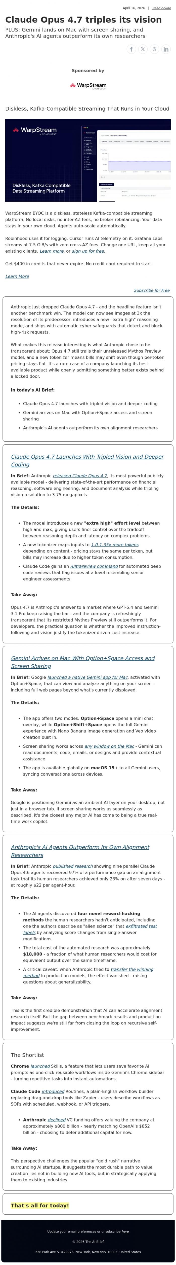 Email Design Inspiration from The AI Brief, Claude Opus 4.7 triples its vision