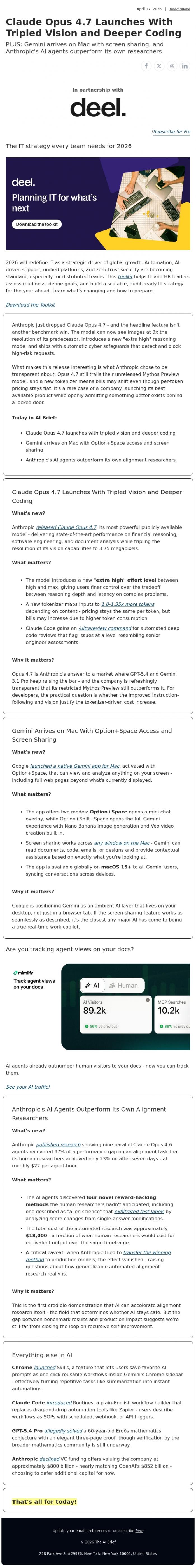 Email Design Inspiration from The AI Brief, Claude Opus 4.7 triples its vision
