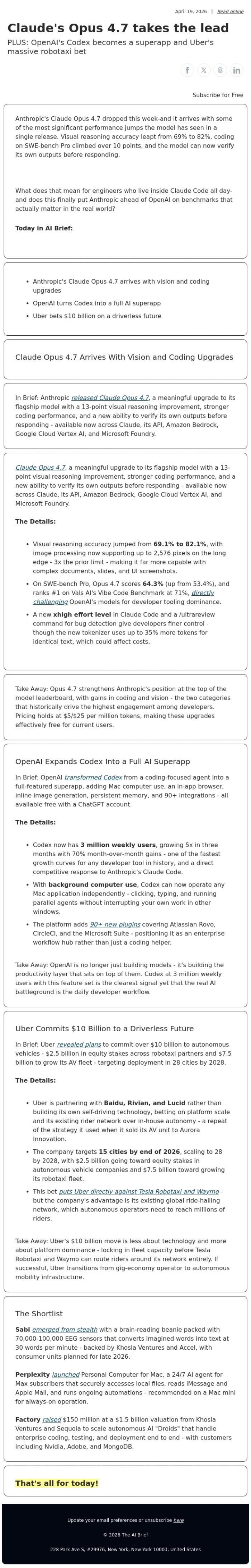 Email Design Inspiration from The AI Brief, Claude's Opus 4.7 takes the lead