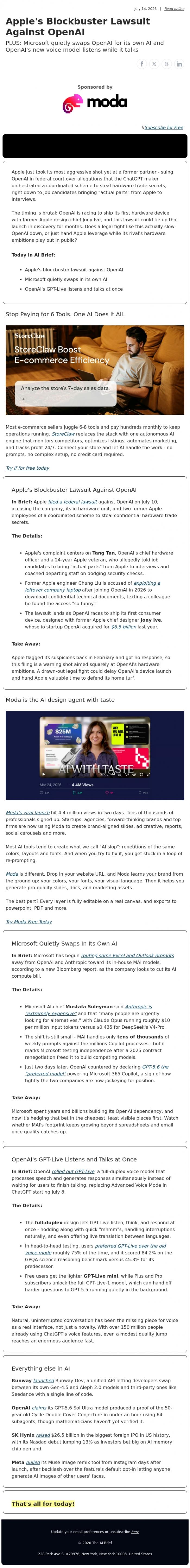 Email Design Inspiration from The AI Brief, Apple's Blockbuster Lawsuit Against OpenAI