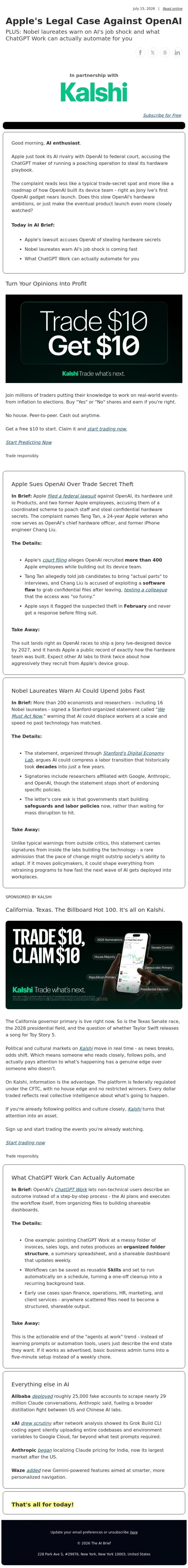 Email Design Inspiration from The AI Brief, Apple's Legal Case Against OpenAI
