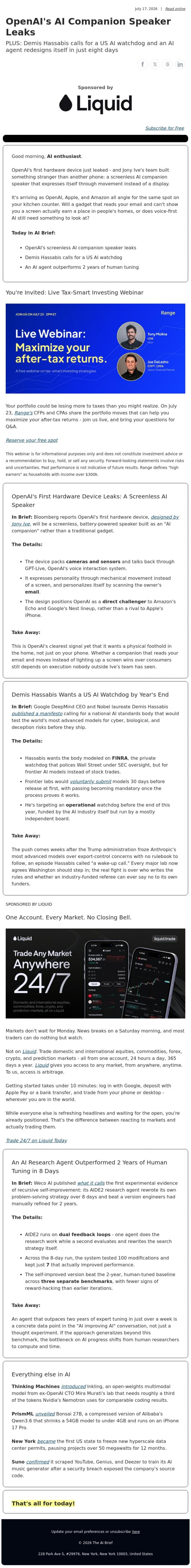 Email Design Inspiration from The AI Brief, OpenAI's AI Companion Speaker Leaks