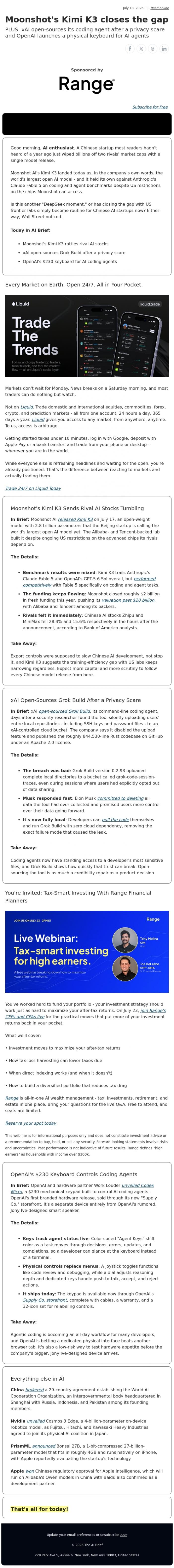 Email Design Inspiration from The AI Brief, Moonshot's Kimi K3 closes the gap