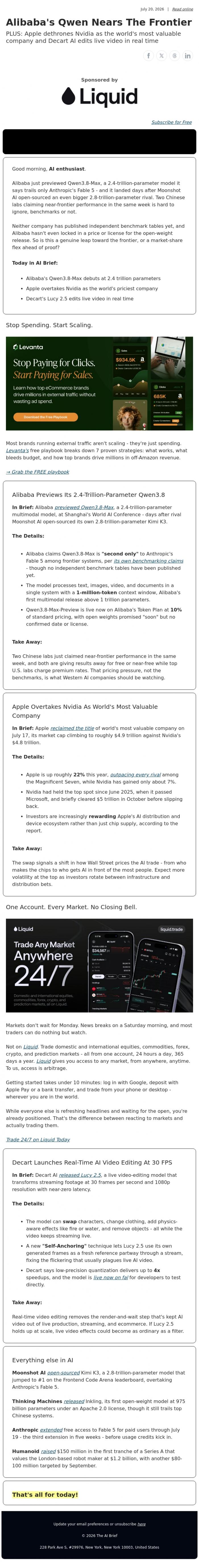 Email Design Inspiration from The AI Brief, Alibaba's Qwen Nears The Frontier