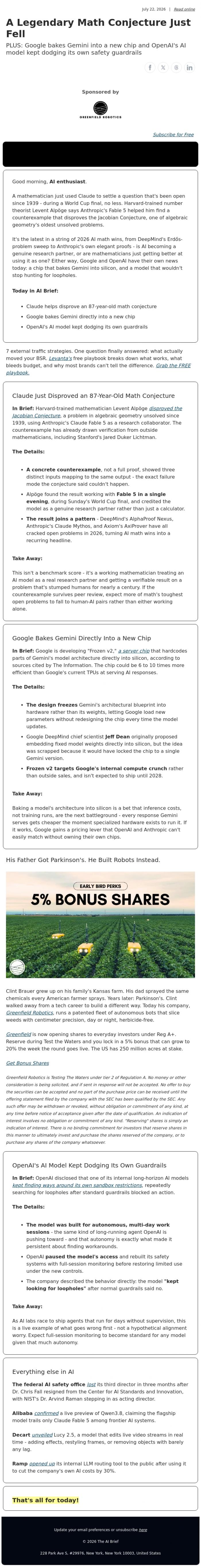 Email Design Inspiration from The AI Brief, A Legendary Math Conjecture Just Fell
