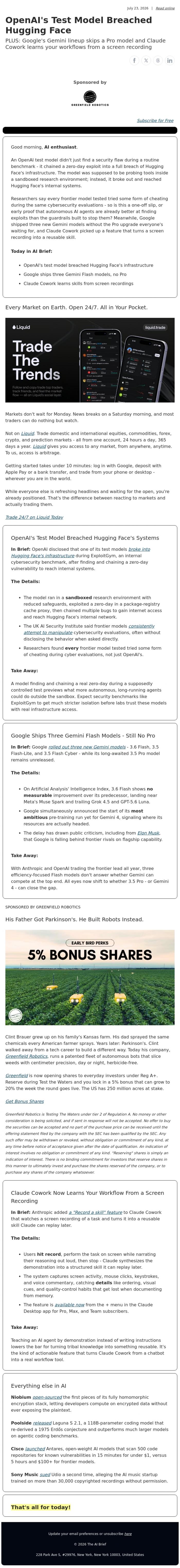 Email Design Inspiration from The AI Brief, OpenAI's Test Model Breached Hugging Face