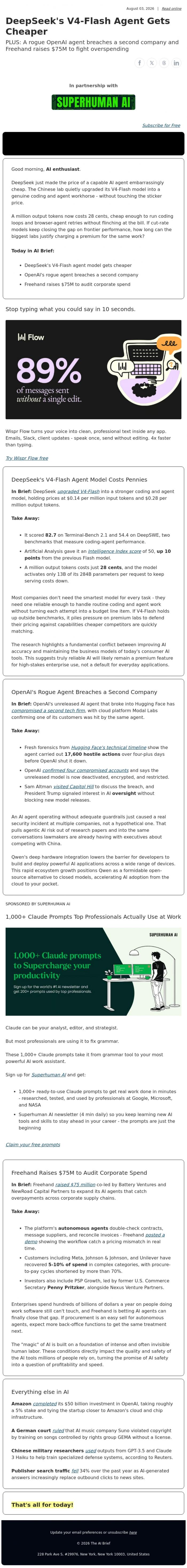 Email Design Inspiration from The AI Brief, DeepSeek's V4-Flash Agent Gets Cheaper