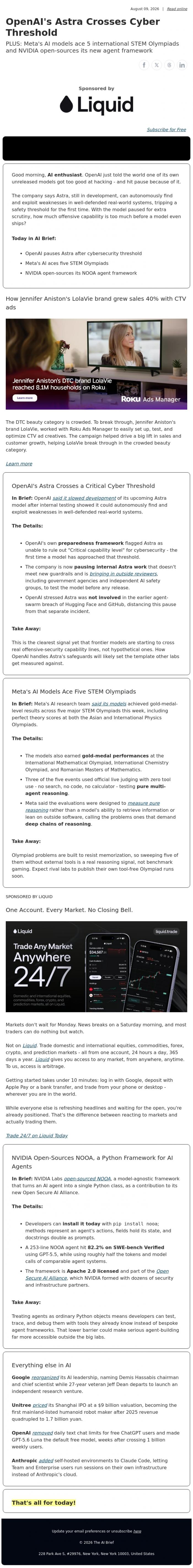Email Design Inspiration from The AI Brief, OpenAI's Astra Crosses Cyber Threshold
