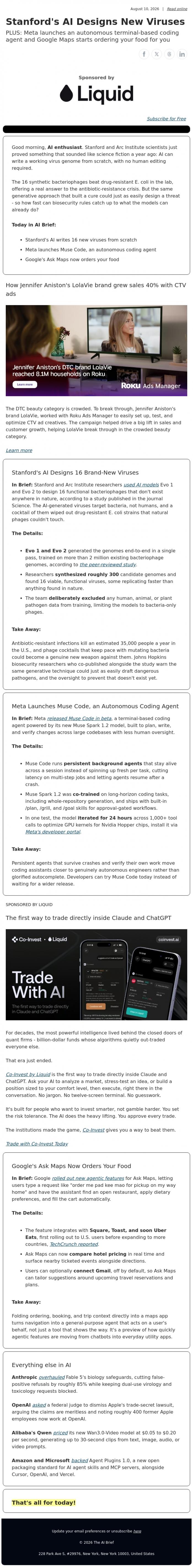 Email Design Inspiration from The AI Brief, Stanford's AI Designs New Viruses
