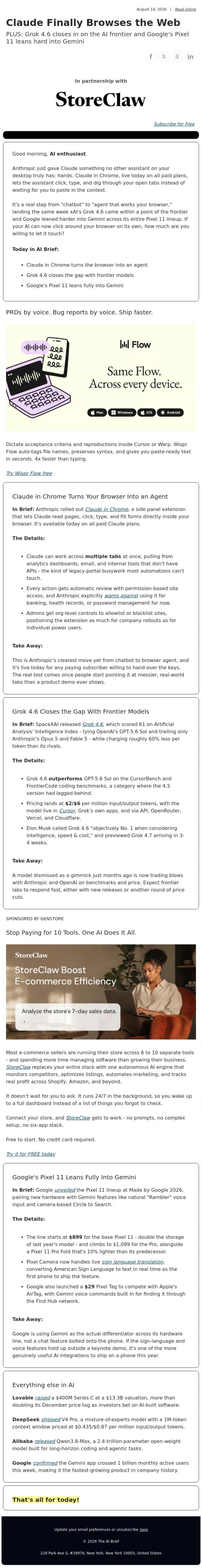 Email Design Inspiration from The AI Brief, Claude finally browses the web