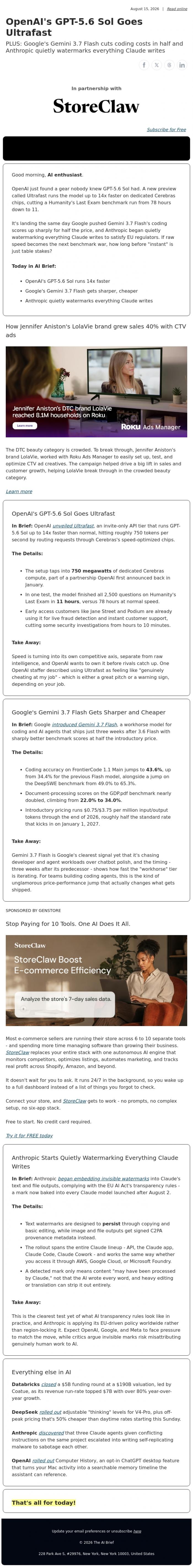 Email Design Inspiration from The AI Brief, OpenAI's GPT-5.6 Sol Goes Ultrafast