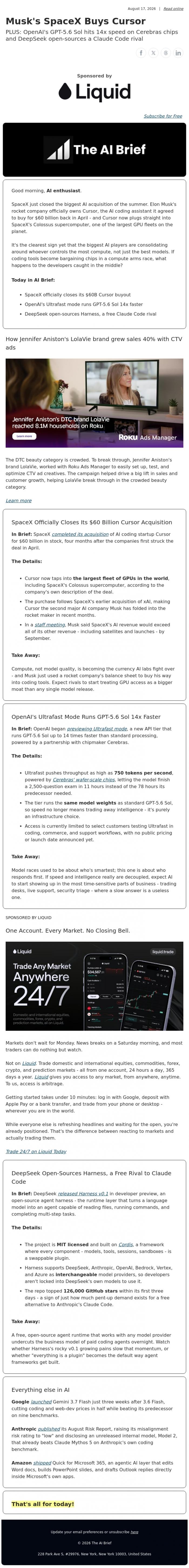 Email Design Inspiration from The AI Brief, Musk's SpaceX Buys Cursor