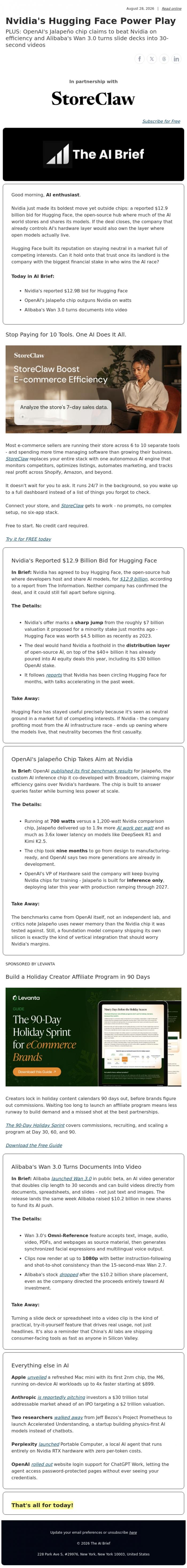 Email Design Inspiration from The AI Brief,  Nvidia's Hugging Face Power Play