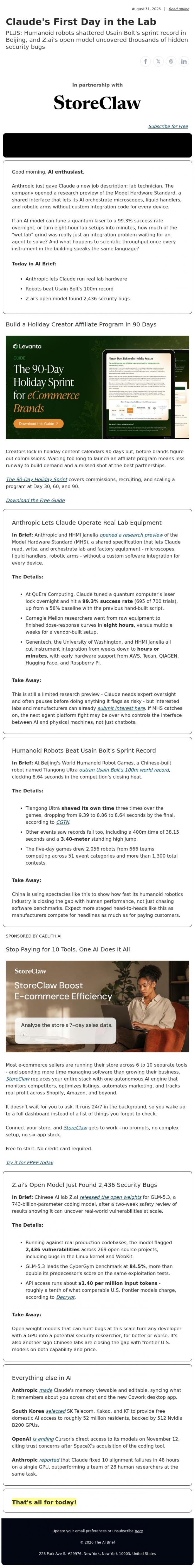 Email Design Inspiration from The AI Brief, Claude's First Day in the Lab
