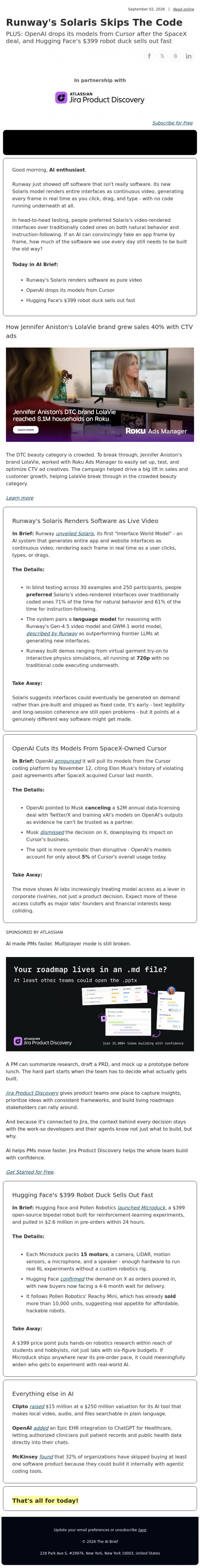 Email Design Inspiration from The AI Brief,  Runway's Solaris Skips The Code