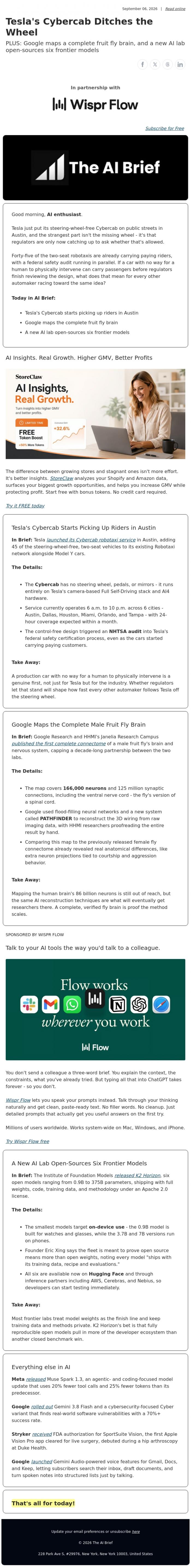 Email Design Inspiration from The AI Brief,  Tesla's Cybercab Ditches the Wheel