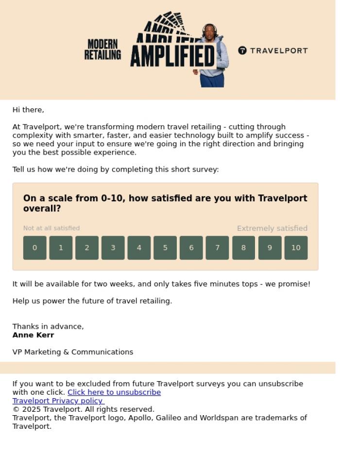 Email Design Inspiration from The Customer Insights Team, Help Us Amplify Modern Travel Retailing - Take our short survey.&nbsp;