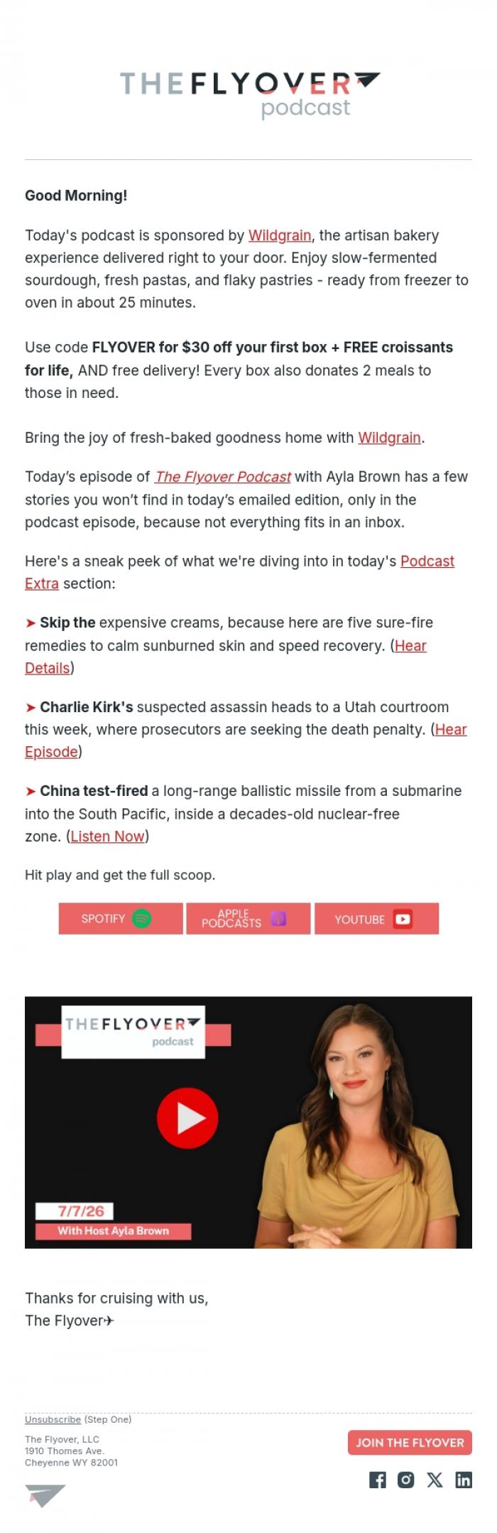 Email Design Inspiration from The Flyover, Five Sunburn Remedies, Charlie Kirk Case, China Launches Missile Test