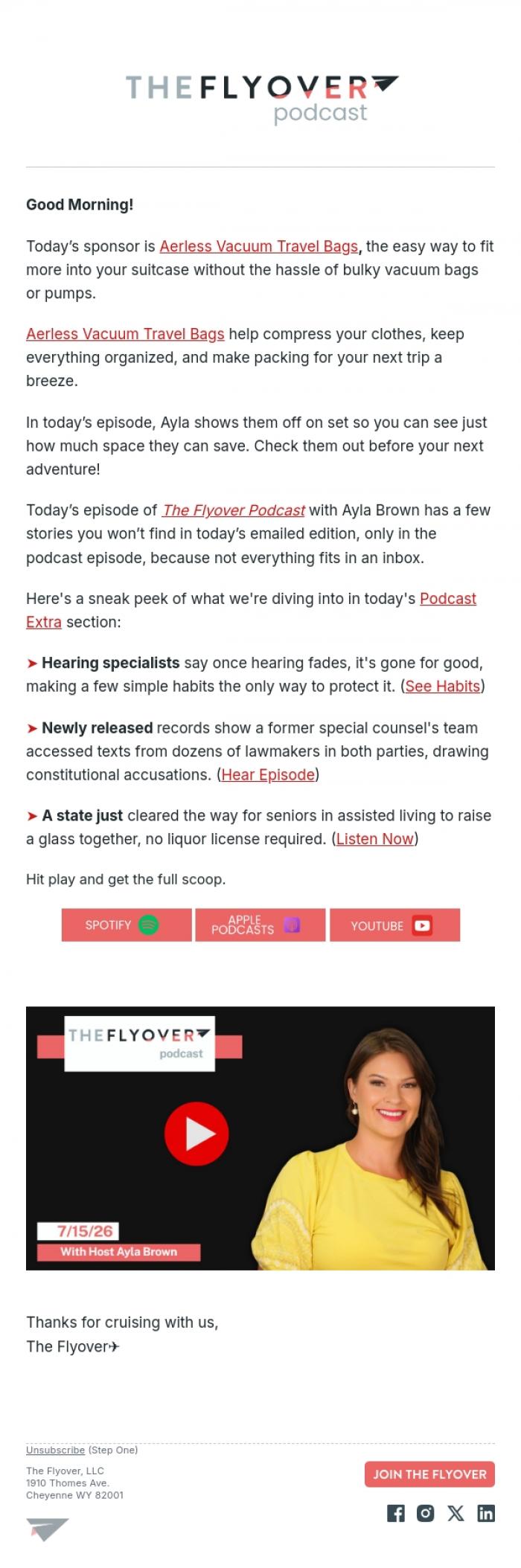 Email Design Inspiration from The Flyover, Save Your Hearing, Lawmaker Texts Accessed, Assisted Living Happy Hour