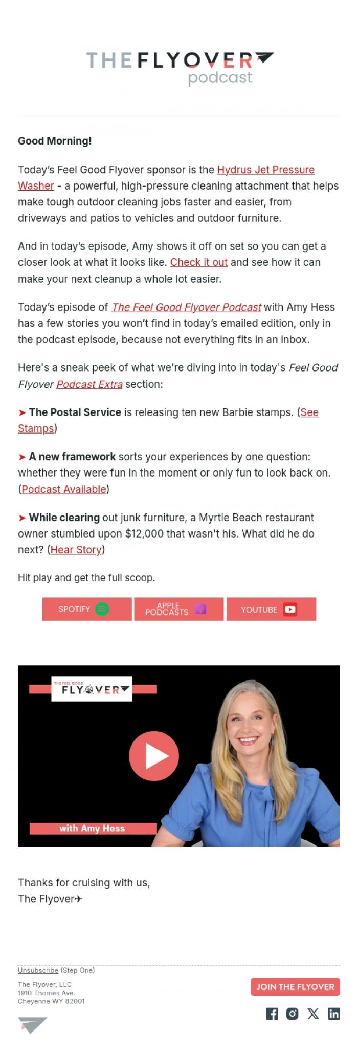 Email Design Inspiration from The Flyover, New Barbie Stamps, Fun Theory Explained, Restaurant Returns $12,000 Find