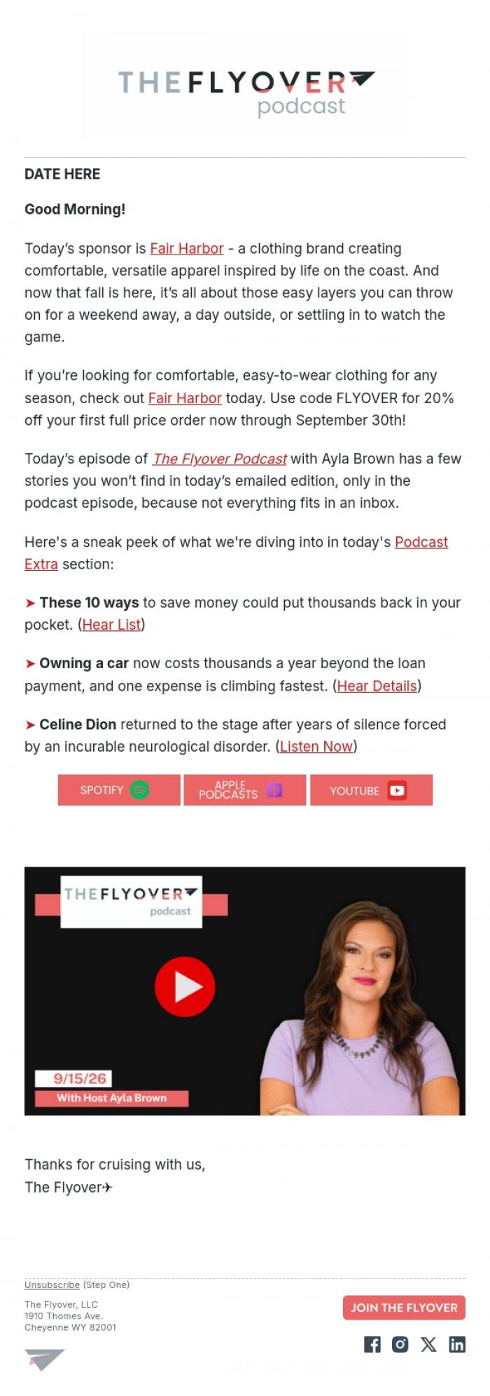 Email Design Inspiration from The Flyover, 10 Ways To Save Money, Car Ownership Costs Rise, Celine Dion Returns