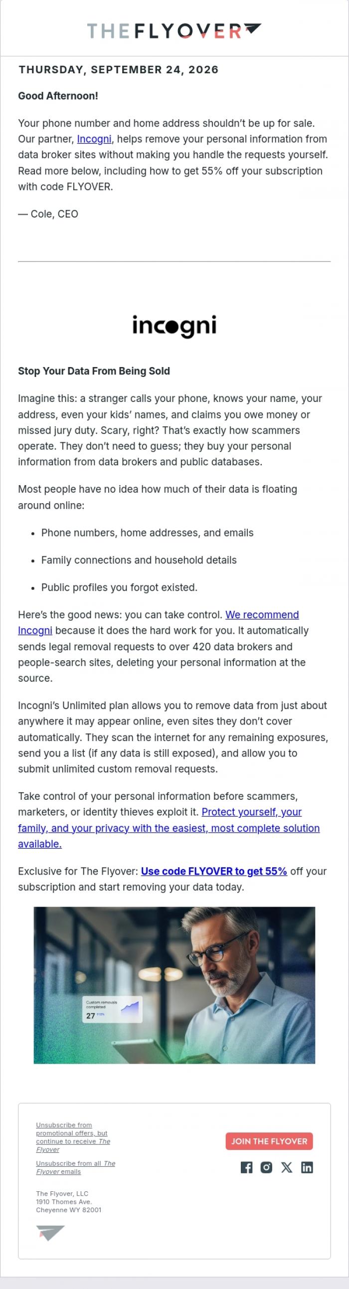 Email Design Inspiration from The Flyover, Stop Your Data From Being Sold