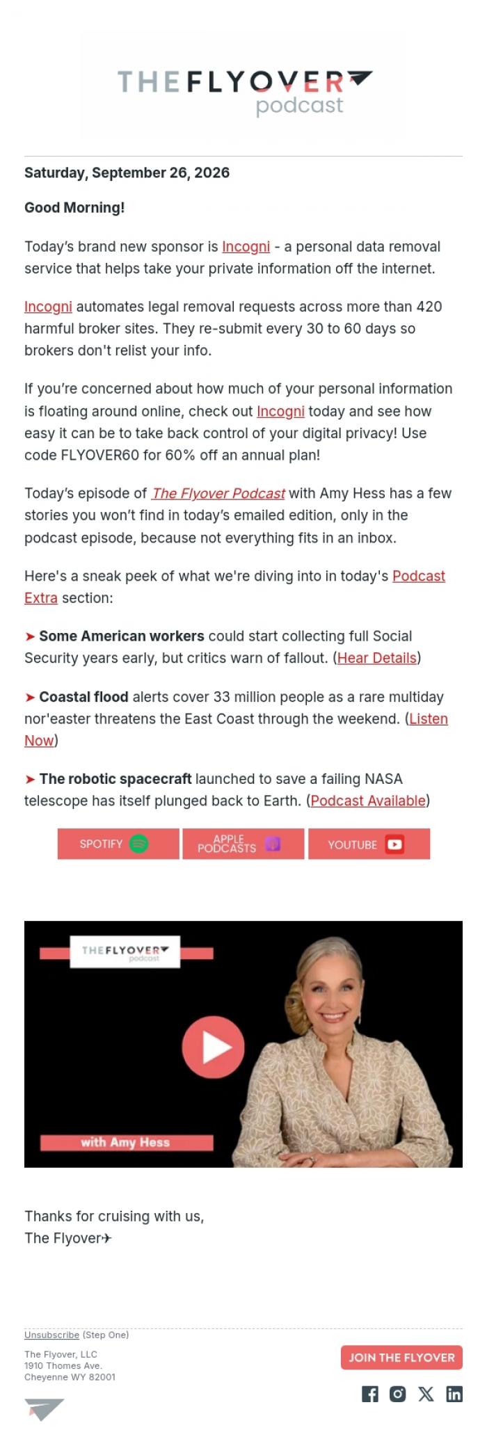 Email Design Inspiration from The Flyover, Social Security Years Early, 33 Million on Flood Alert & a NASA Rescue Fails