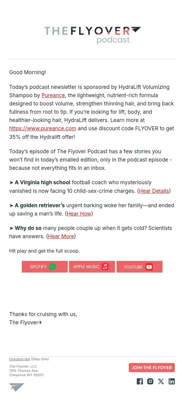 Email Design Inspiration from The Flyover Podcast, Coach Scandal, Hero Dog, and Winter Romance Explained