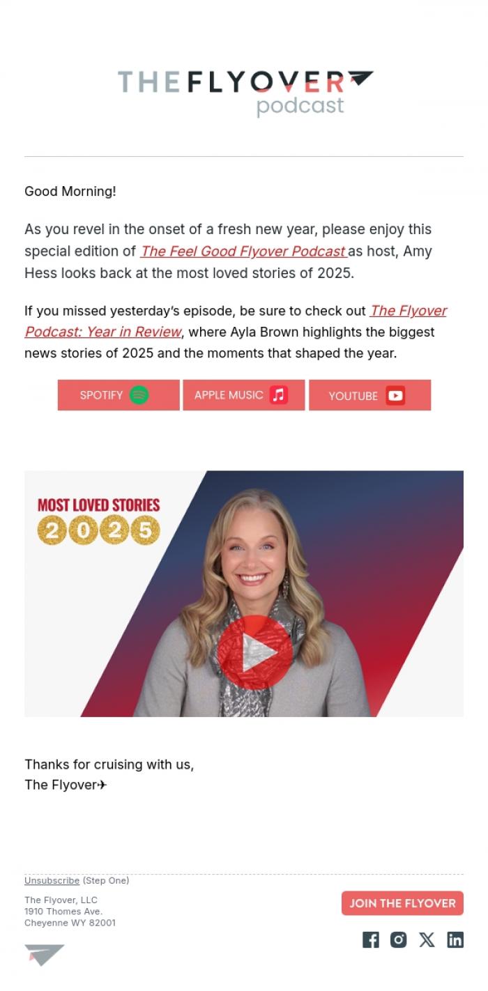 Email Design Inspiration from The Flyover Podcast, A Feel-Good Look Back at 2025 - With Amy Hess